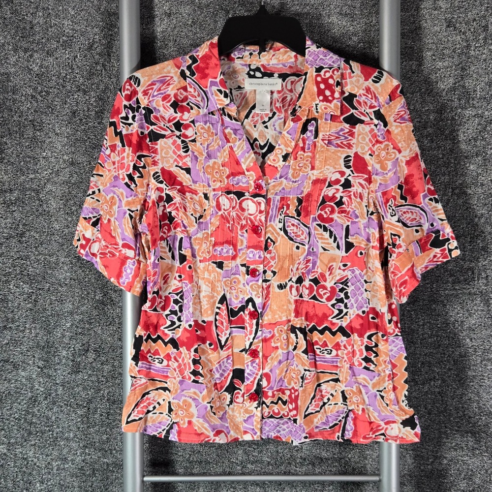 Christopher & Banks Womens Medium Red Orange Abstract Floral Cotton Blouse Top
